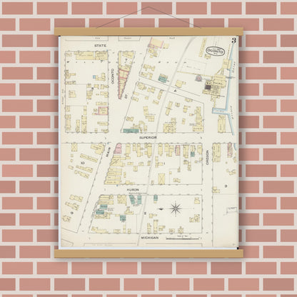 Old map wall art mockup — magnetic wood frame on brick wall — Sanborn Fire Insurance Map from Oconto, Oconto County, Wisconsin (1887), Sheet #0003