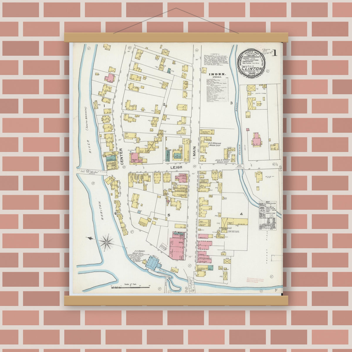 Old map wall art mockup — magnetic wood frame on brick wall — Sanborn Fire Insurance Map from Clinton, Hunterdon County, New Jersey (1892) - Complete Map Set