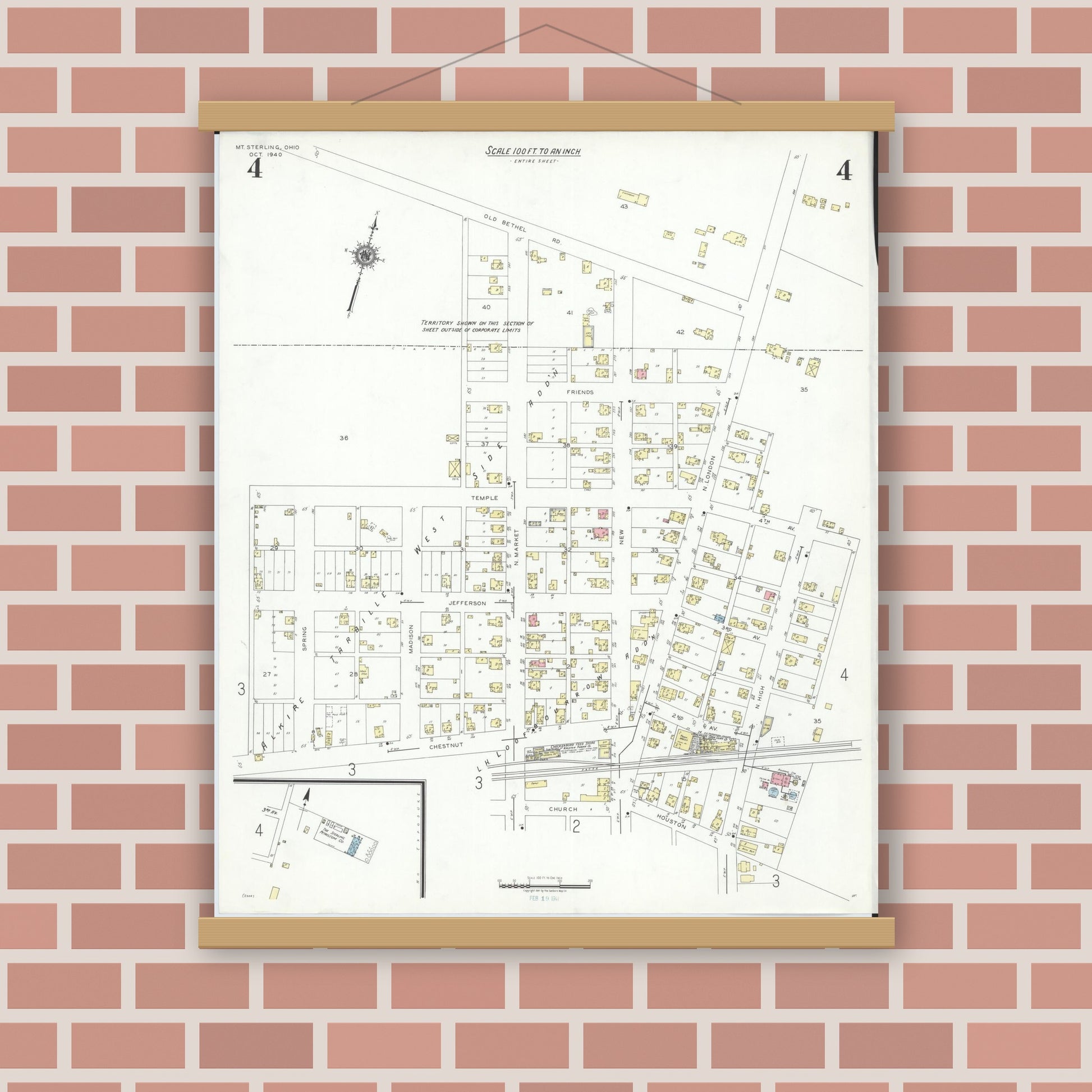 Old map wall art mockup — magnetic wood frame on brick wall — Sanborn Fire Insurance Map from Mount Sterling, Madison County, Ohio (1940), Sheet #0004