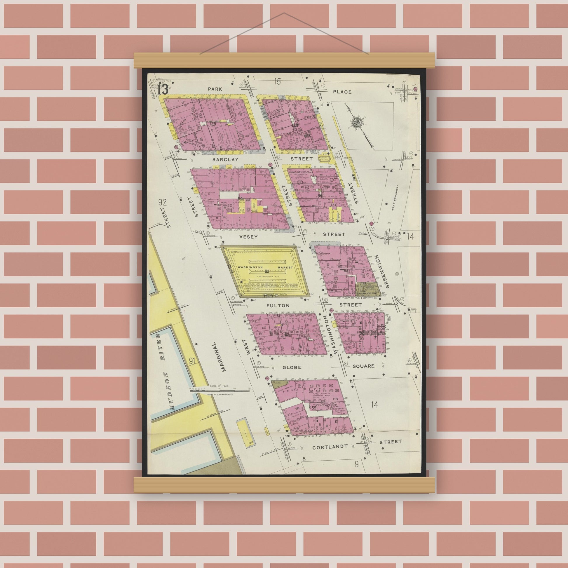 Old map wall art mockup — magnetic wood frame on brick wall — Sanborn Fire Insurance Map from New York, Bronx, Manhattan, New York (1923), Sheet #0013