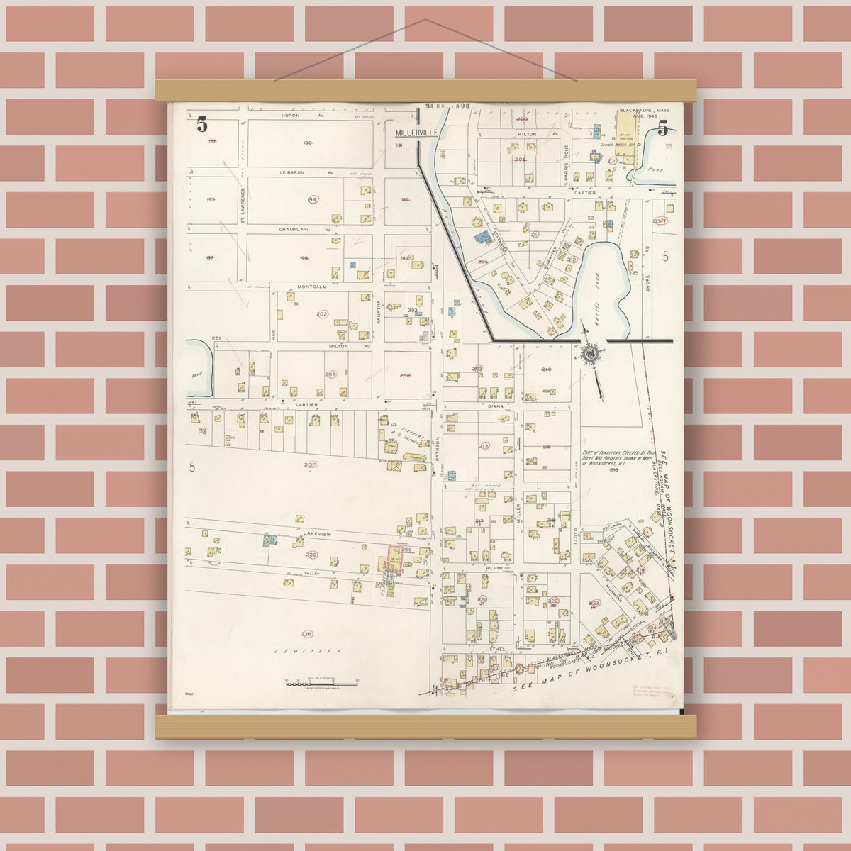 Old map wall art mockup — magnetic wood frame on brick wall — Sanborn Fire Insurance Map from Blackstone, Worcester County, Massachusetts (1948), Sheet #0005