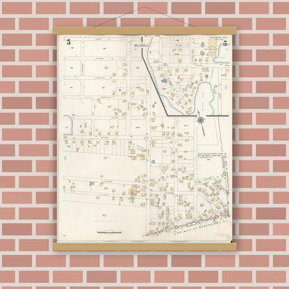 Old map wall art mockup — magnetic wood frame on brick wall — Sanborn Fire Insurance Map from Blackstone, Worcester County, Massachusetts (1948), Sheet #0005