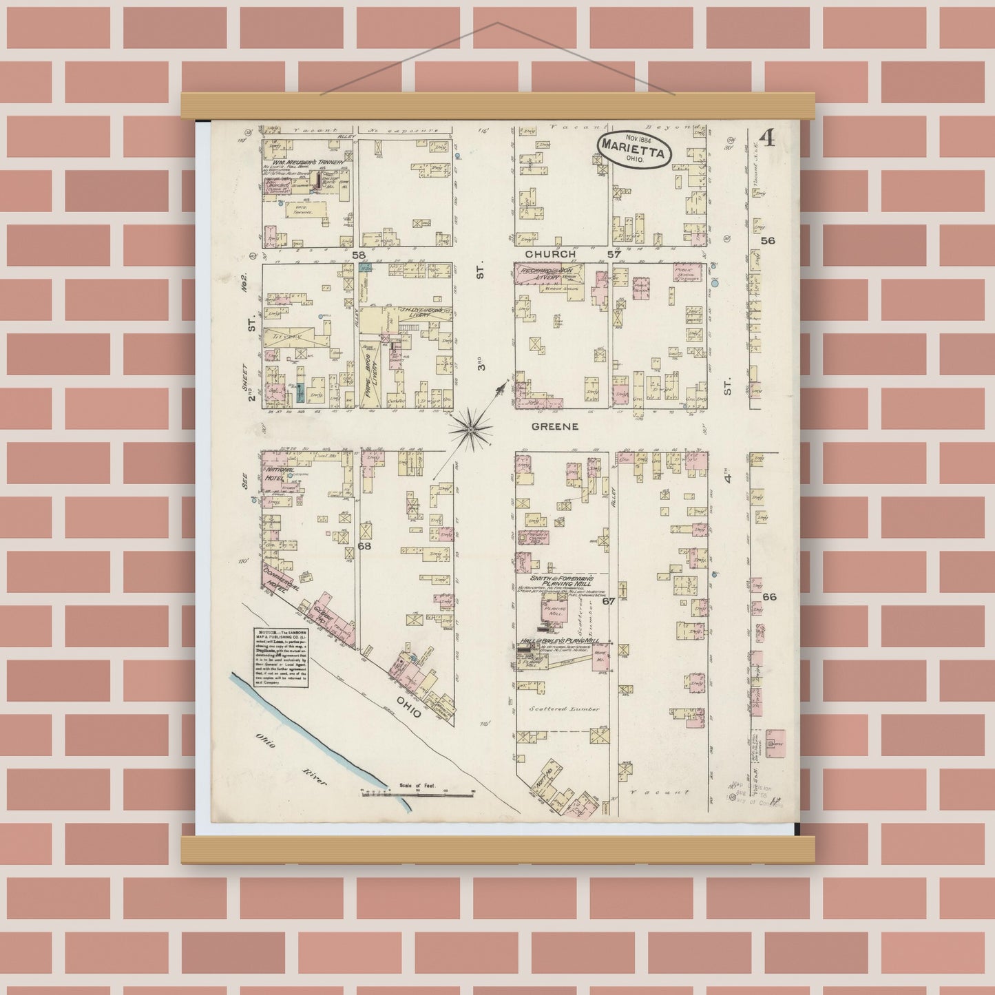 Old map wall art mockup — magnetic wood frame on brick wall — Sanborn Fire Insurance Map from Marietta, Washington County, Ohio (1884), Sheet #0004
