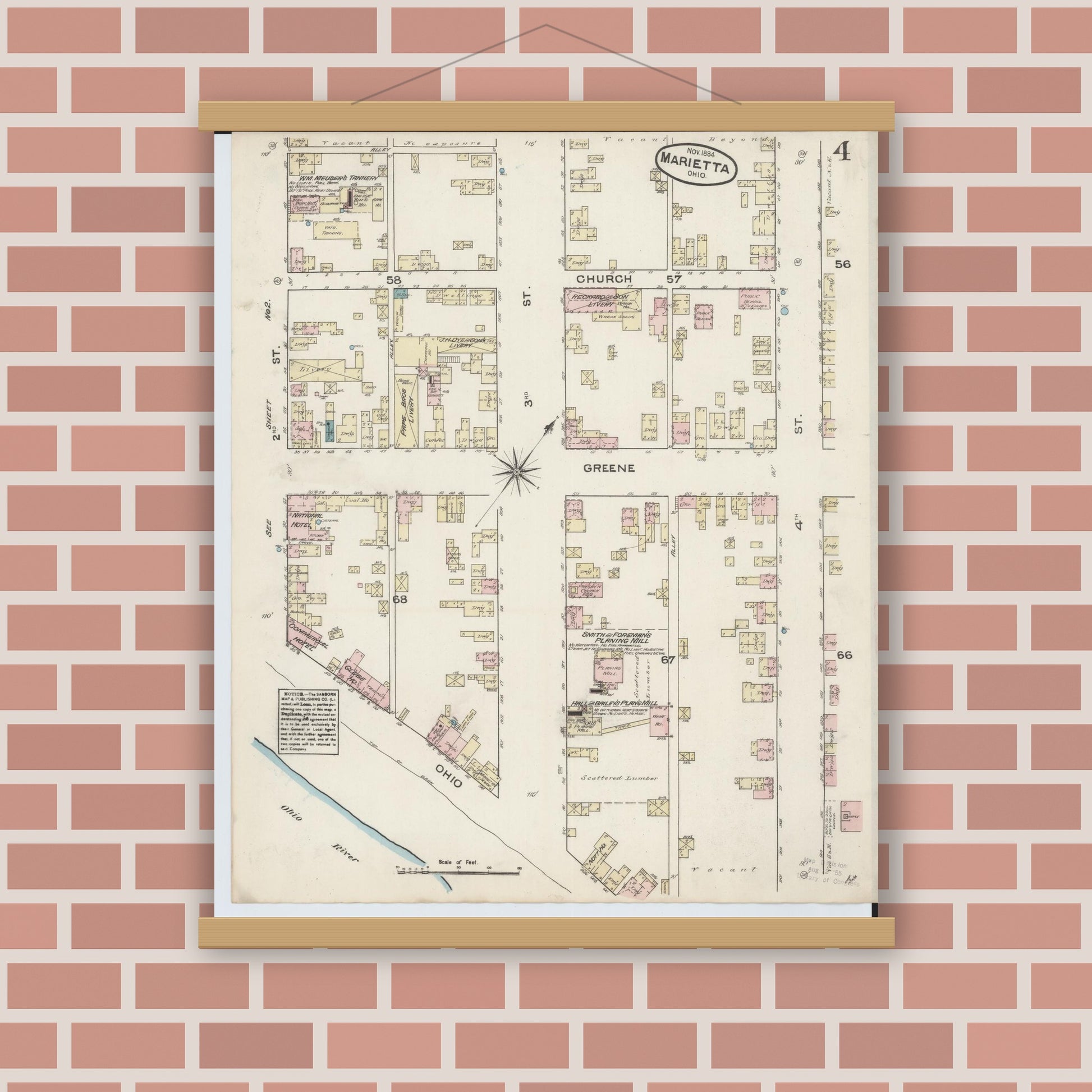 Old map wall art mockup — magnetic wood frame on brick wall — Sanborn Fire Insurance Map from Marietta, Washington County, Ohio (1884), Sheet #0004