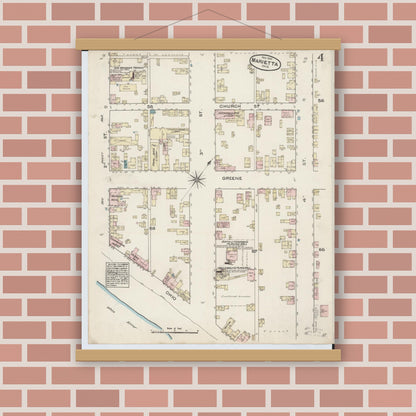 Old map wall art mockup — magnetic wood frame on brick wall — Sanborn Fire Insurance Map from Marietta, Washington County, Ohio (1884), Sheet #0004