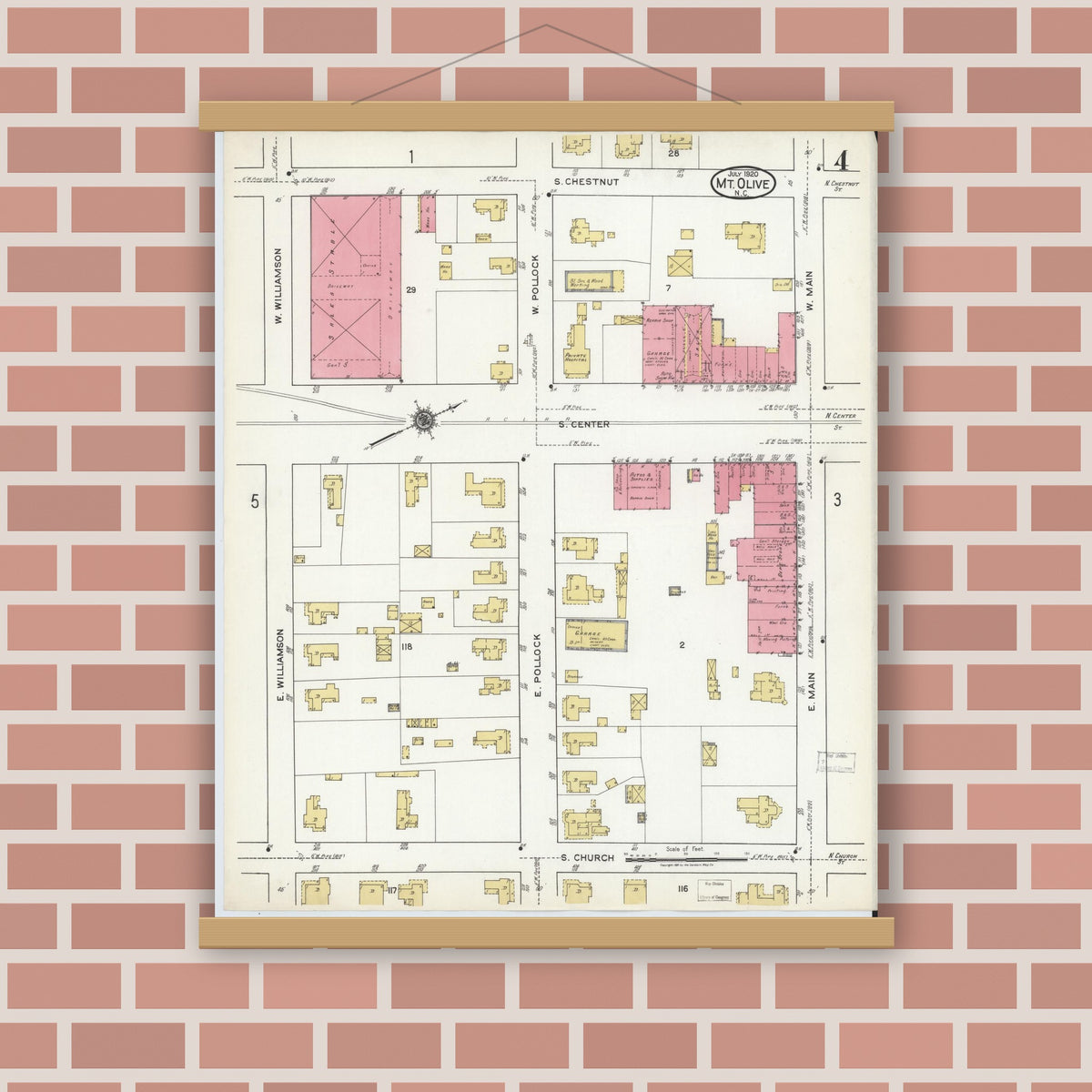 Old map wall art mockup — magnetic wood frame on brick wall — Sanborn Fire Insurance Map from Mount Olive, Wayne County, North Carolina (1920), Sheet #0004