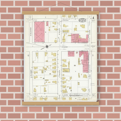 Old map wall art mockup — magnetic wood frame on brick wall — Sanborn Fire Insurance Map from Mount Olive, Wayne County, North Carolina (1920), Sheet #0004