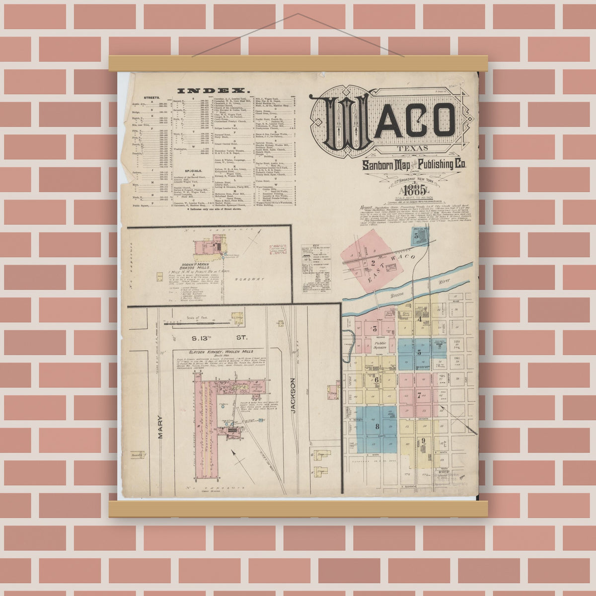 Old map wall art mockup — magnetic wood frame on brick wall — Sanborn Fire Insurance Map from Waco, McLennan County, Texas (1885), Sheet #0001