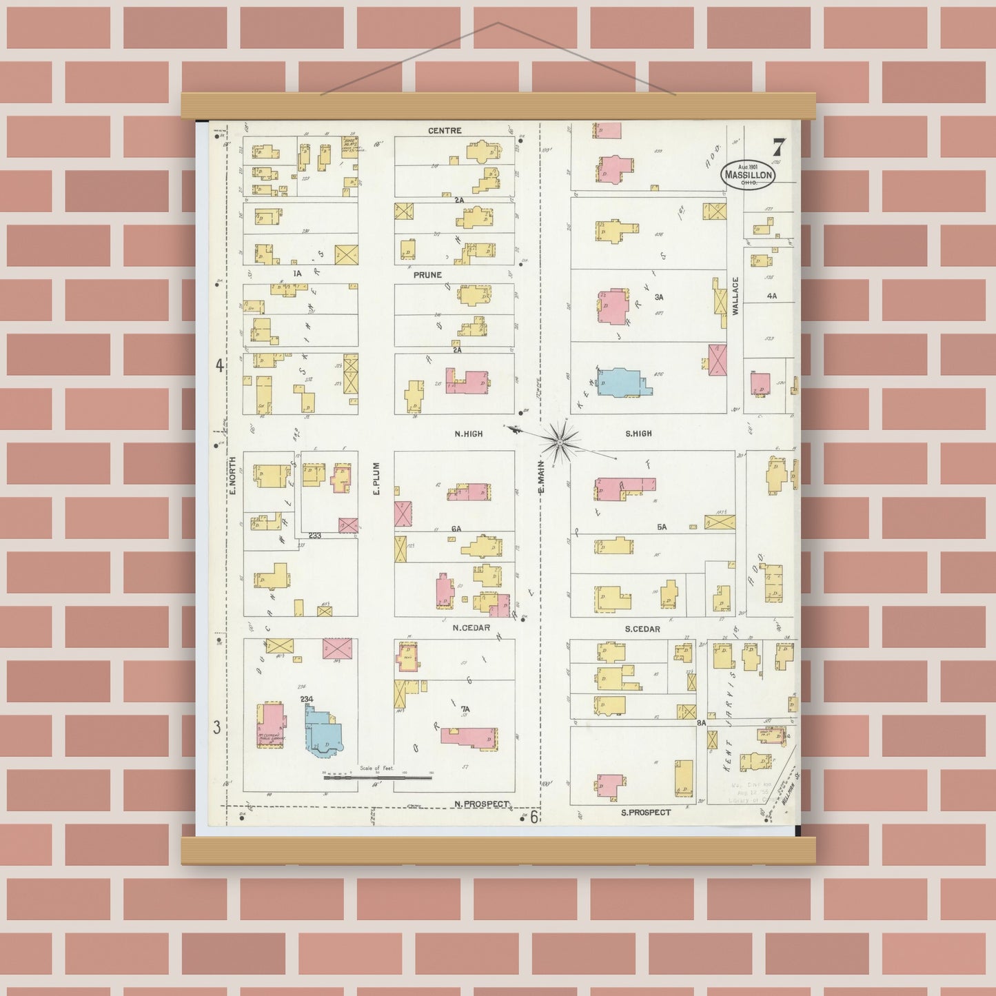 Old map wall art mockup — magnetic wood frame on brick wall — Sanborn Fire Insurance Map from Massillon, Stark County, Ohio (1901), Sheet #0007