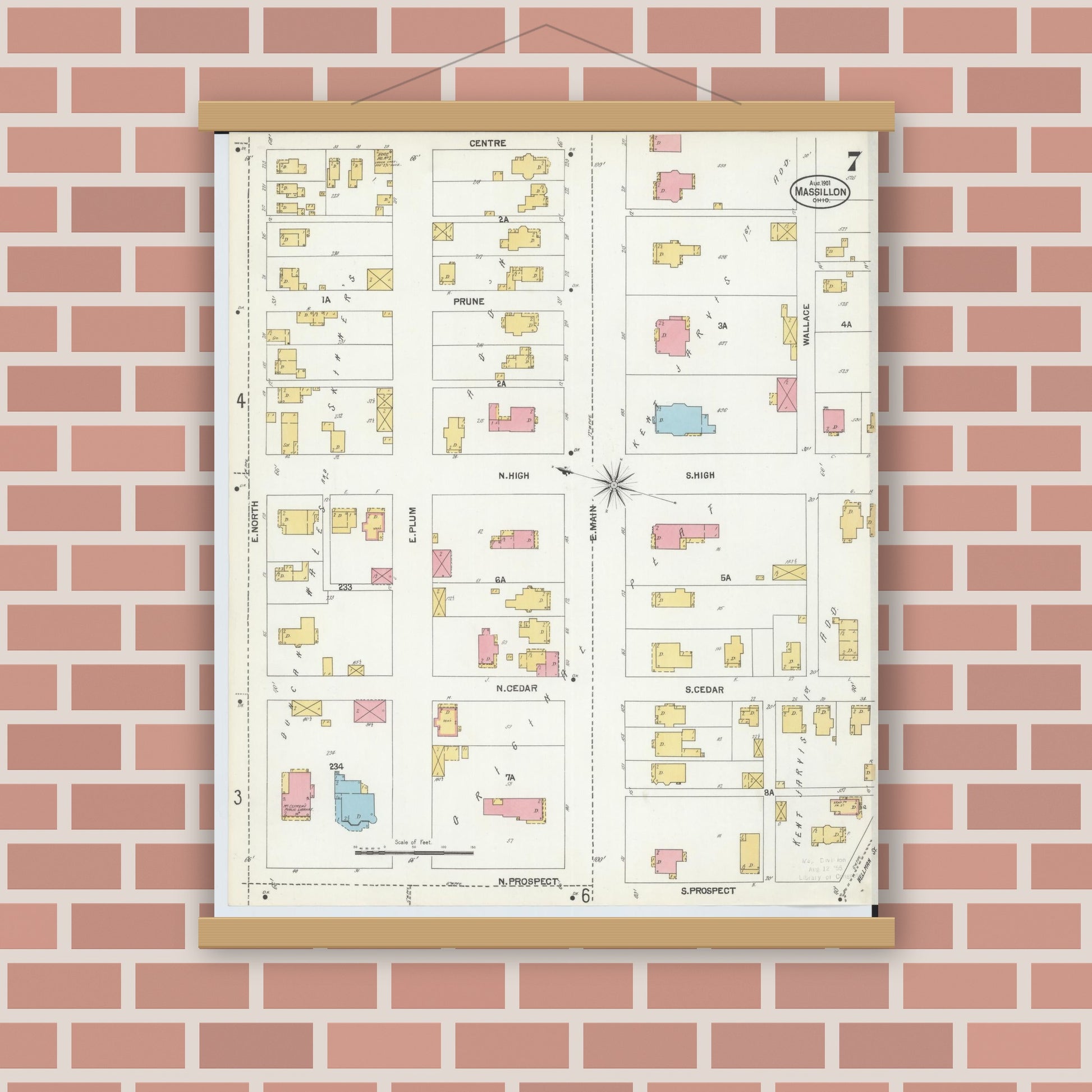 Old map wall art mockup — magnetic wood frame on brick wall — Sanborn Fire Insurance Map from Massillon, Stark County, Ohio (1901), Sheet #0007
