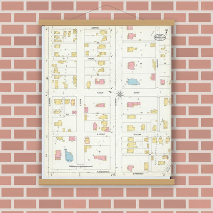 Old map wall art mockup — magnetic wood frame on brick wall — Sanborn Fire Insurance Map from Massillon, Stark County, Ohio (1901), Sheet #0007