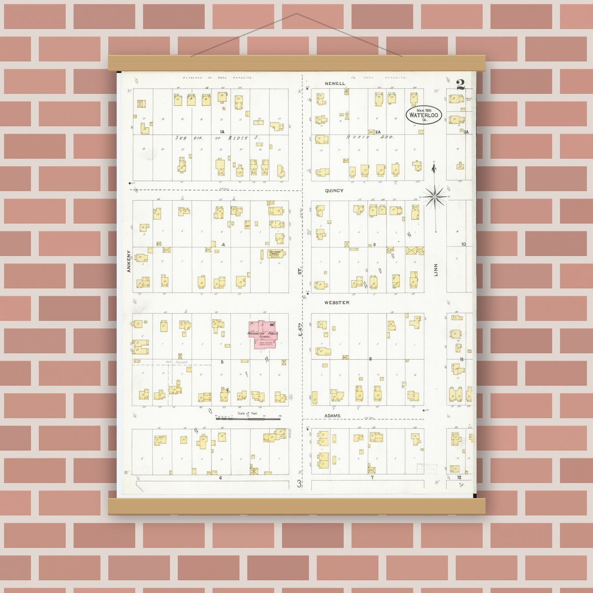 Old map wall art mockup — magnetic wood frame on brick wall — Sanborn Fire Insurance Map from Waterloo, Black Hawk County, Iowa (1906), Sheet #0002