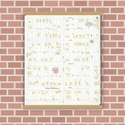 Old map wall art mockup — magnetic wood frame on brick wall — Sanborn Fire Insurance Map from Waterloo, Black Hawk County, Iowa (1906), Sheet #0002