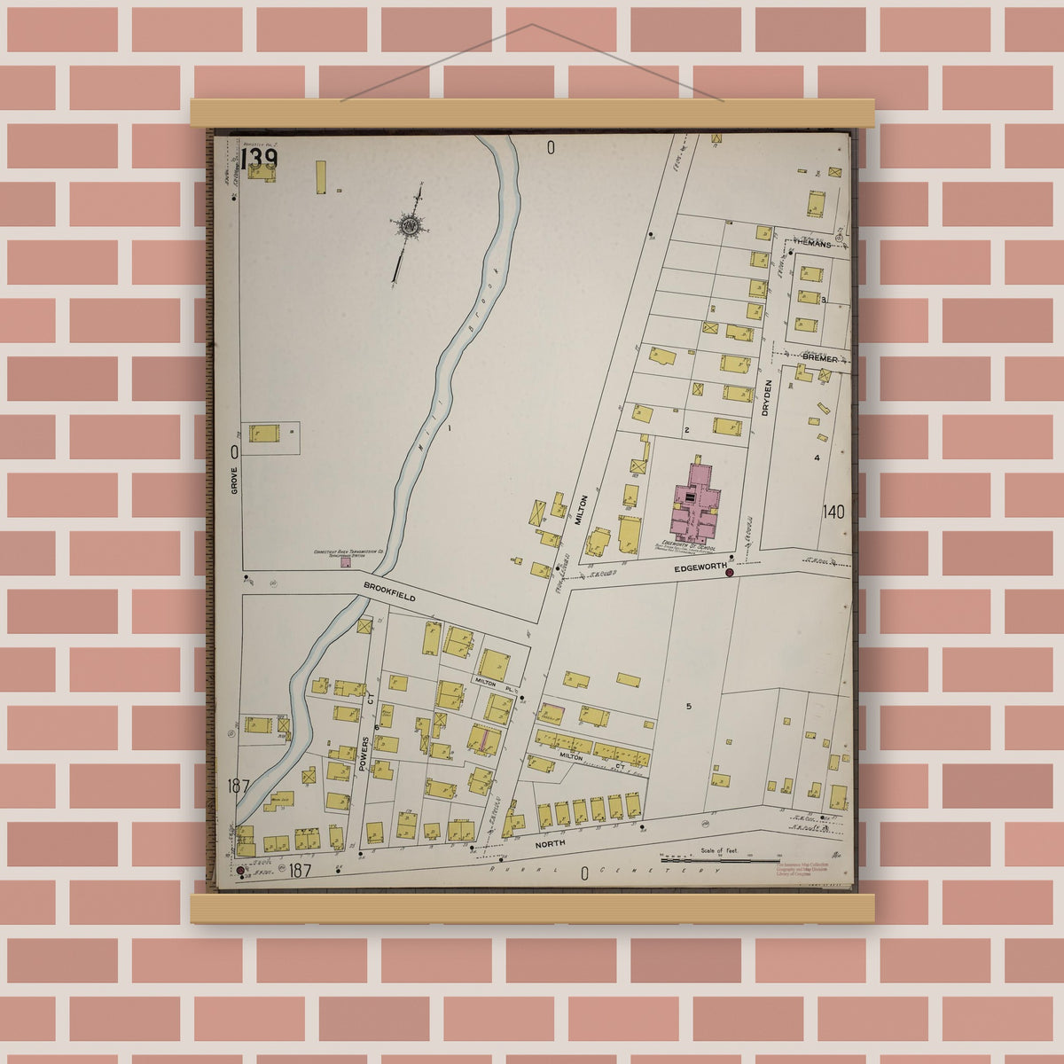 Old map wall art mockup — magnetic wood frame on brick wall — Sanborn Fire Insurance Map from Worcester, Worcester County, Massachusetts (1910), Sheet #0139