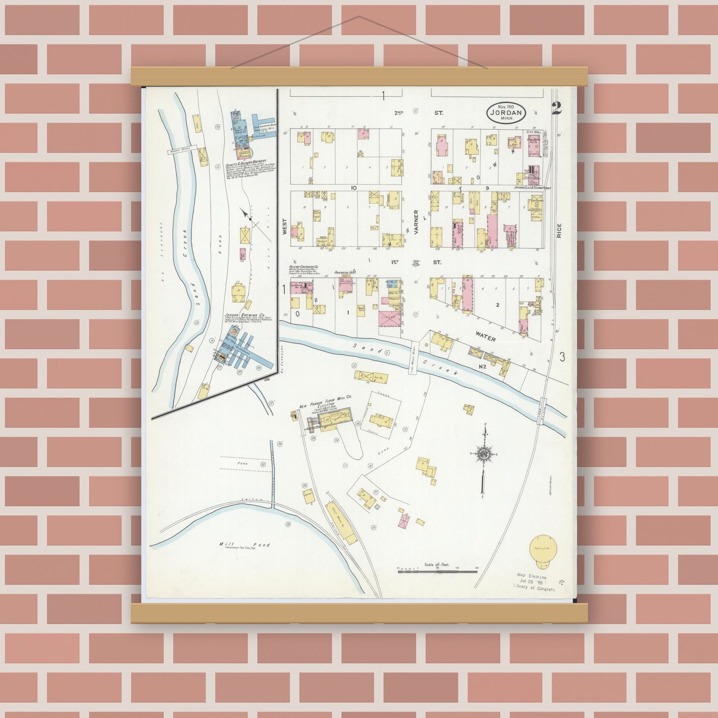 Old map wall art mockup — magnetic wood frame on brick wall — Sanborn Fire Insurance Map from Jordan, Scott County, Minnesota (1910), Sheet #0002