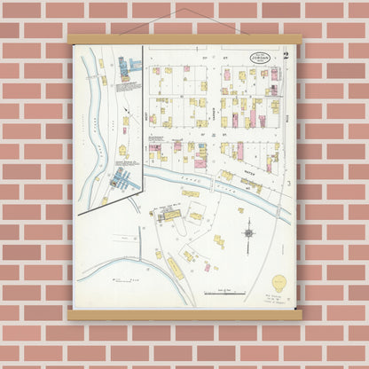 Old map wall art mockup — magnetic wood frame on brick wall — Sanborn Fire Insurance Map from Jordan, Scott County, Minnesota (1910), Sheet #0002