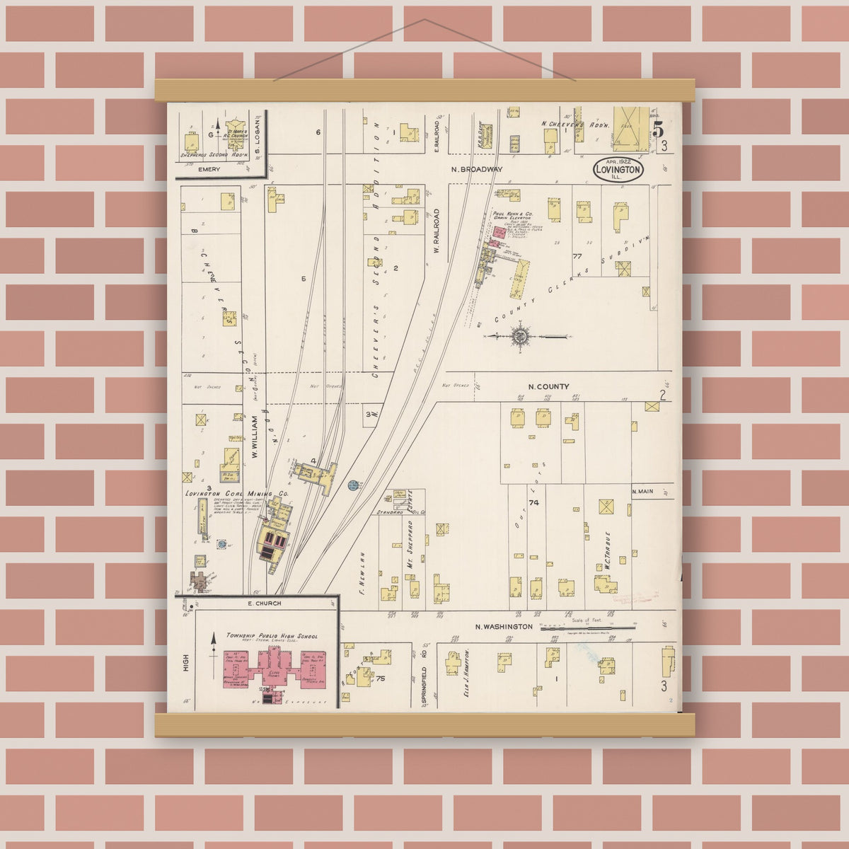 Old map wall art mockup — magnetic wood frame on brick wall — Sanborn Fire Insurance Map from Lovington, Moultrie County, Illinois (1922), Sheet #0005