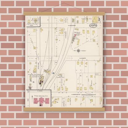 Old map wall art mockup — magnetic wood frame on brick wall — Sanborn Fire Insurance Map from Lovington, Moultrie County, Illinois (1922), Sheet #0005