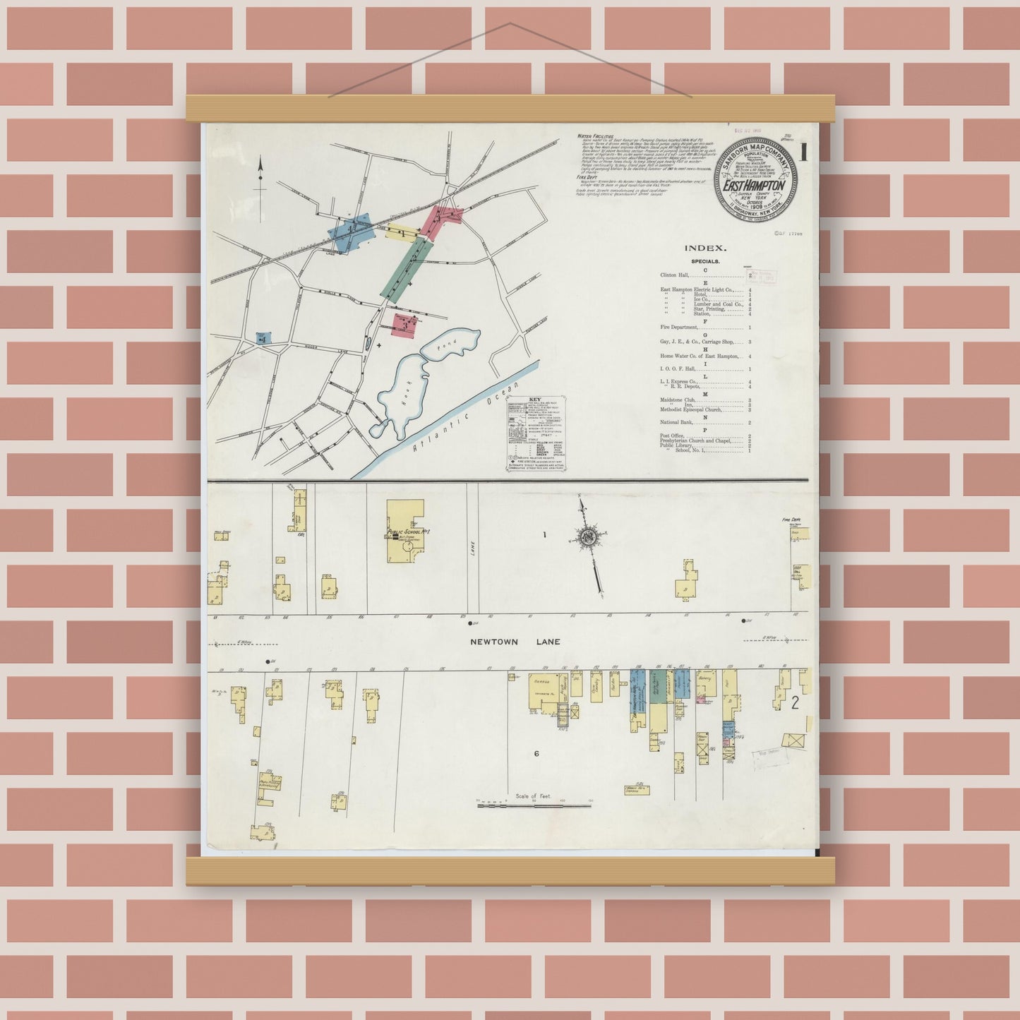 Old map wall art mockup — magnetic wood frame on brick wall — Sanborn Fire Insurance Map from Easthampton, Suffolk County, New York (1909) - Complete Map Set