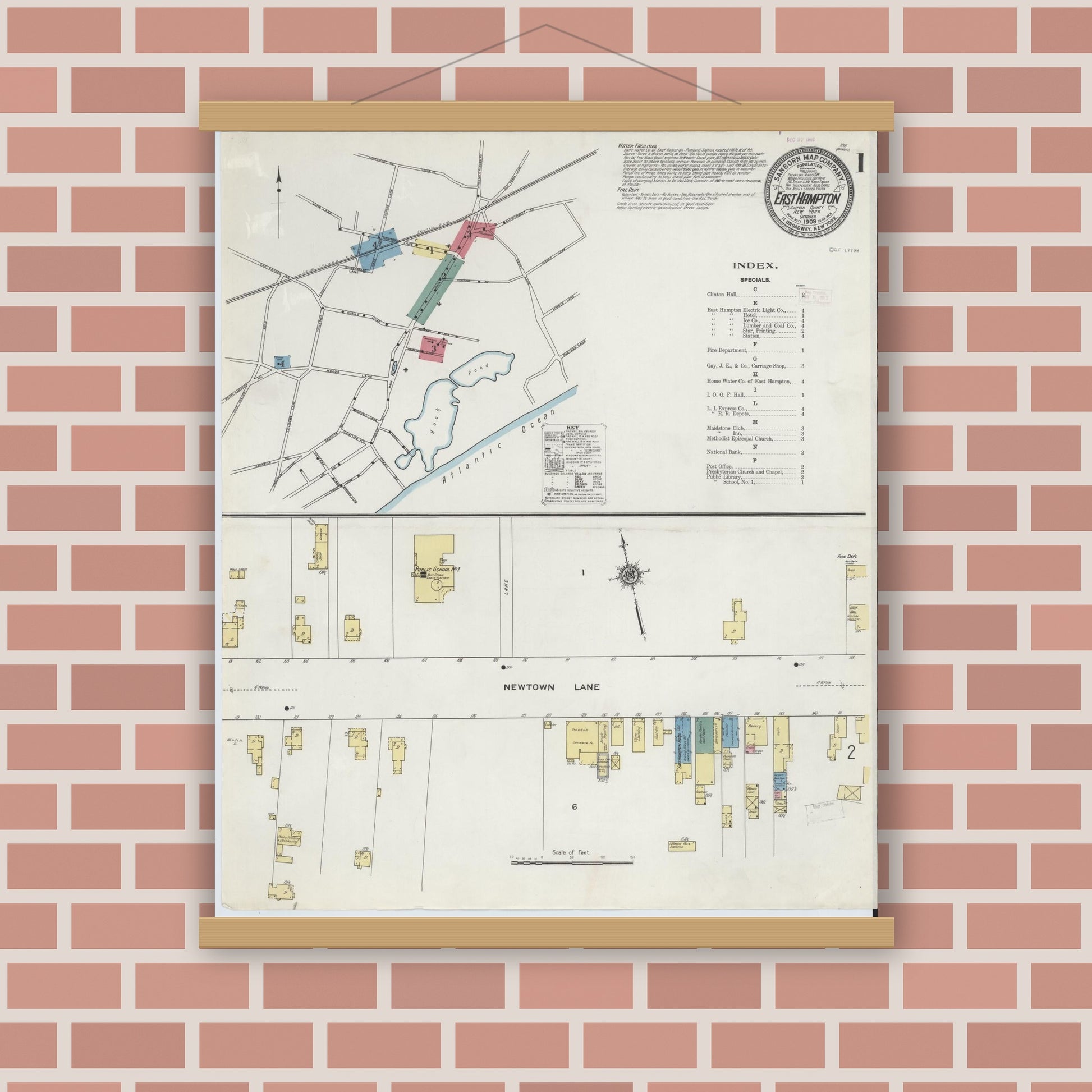 Old map wall art mockup — magnetic wood frame on brick wall — Sanborn Fire Insurance Map from Easthampton, Suffolk County, New York (1909) - Complete Map Set