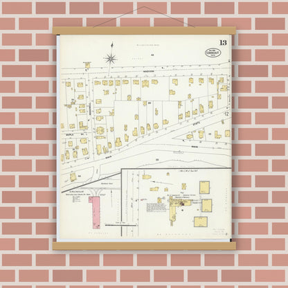 Old map wall art mockup — magnetic wood frame on brick wall — Sanborn Fire Insurance Map from Conneaut, Ashtabula County, Ohio (1902), Sheet #0013