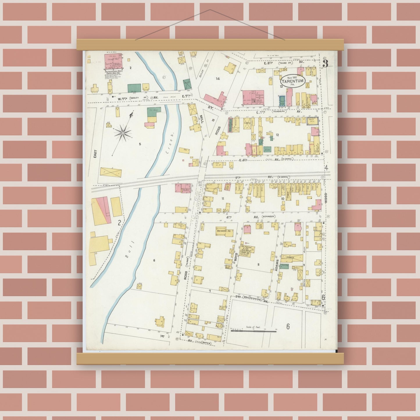 Old map wall art mockup — magnetic wood frame on brick wall — Sanborn Fire Insurance Map from Tarentum, Allegheny County, Pennsylvania (1902), Sheet #0003