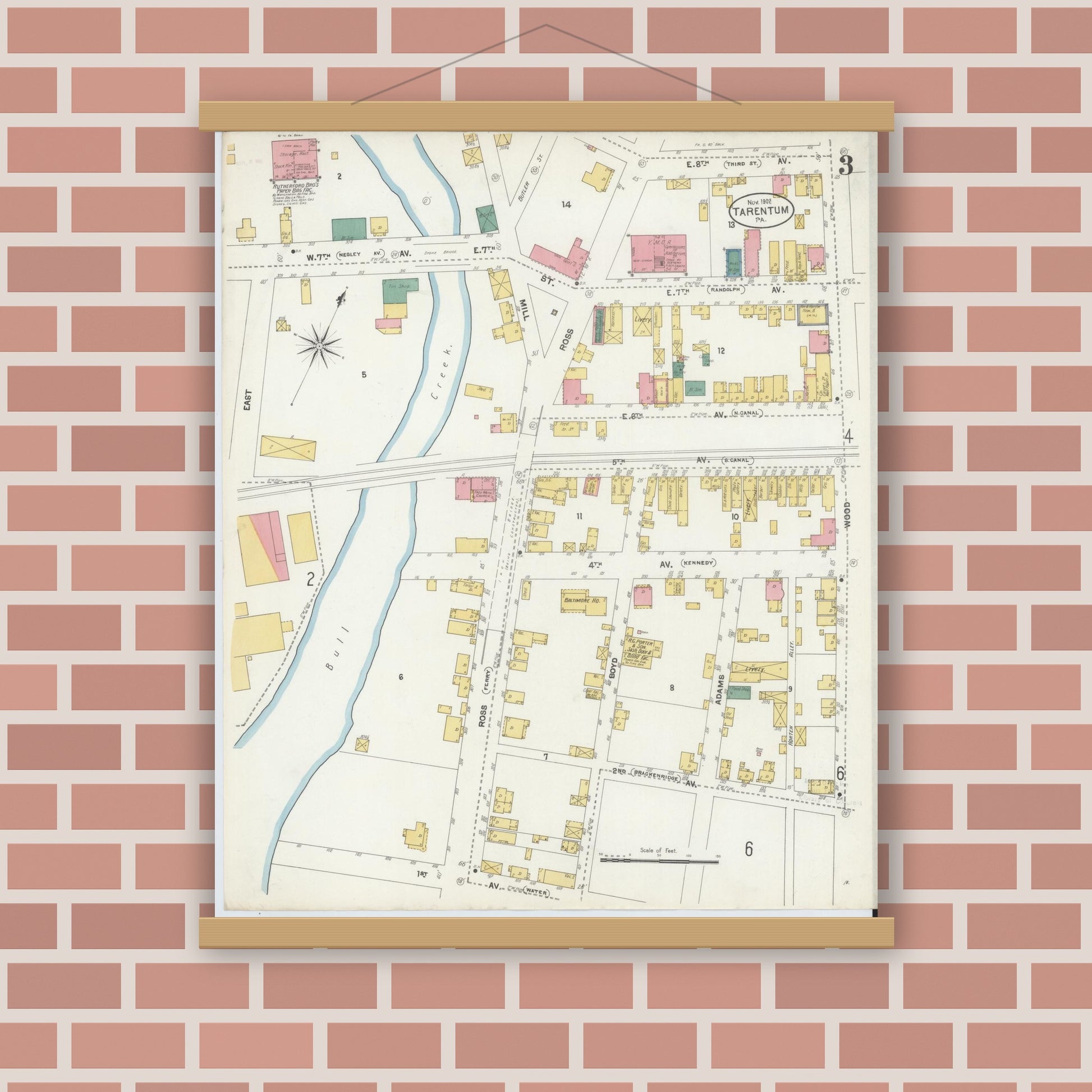 Old map wall art mockup — magnetic wood frame on brick wall — Sanborn Fire Insurance Map from Tarentum, Allegheny County, Pennsylvania (1902), Sheet #0003