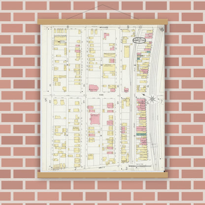 Old map wall art mockup — magnetic wood frame on brick wall — Sanborn Fire Insurance Map from Homestead, Allegheny County, Pennsylvania (1896), Sheet #0006