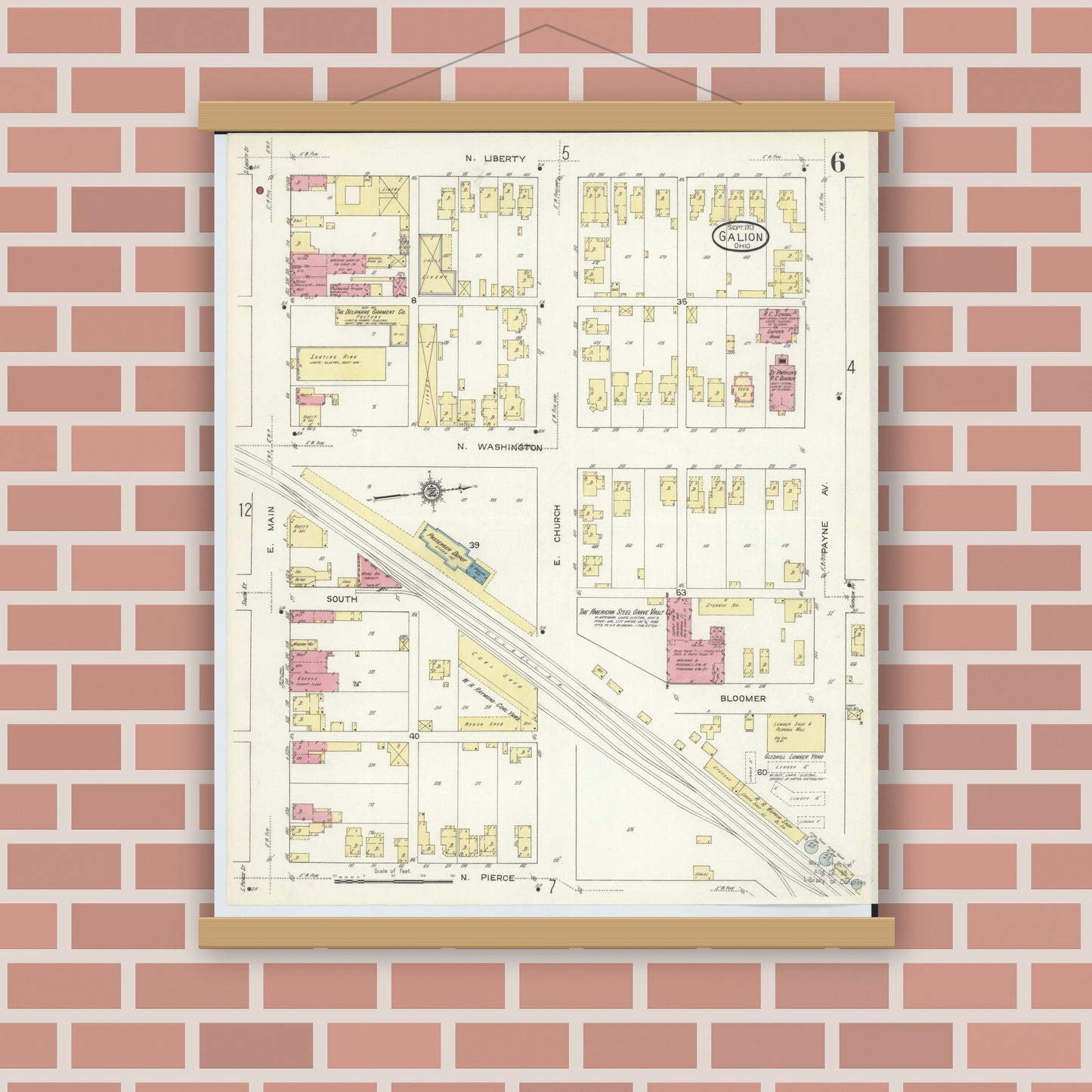 Old map wall art mockup — magnetic wood frame on brick wall — Sanborn Fire Insurance Map from Galion, Crawford County, Ohio (1913), Sheet #0006