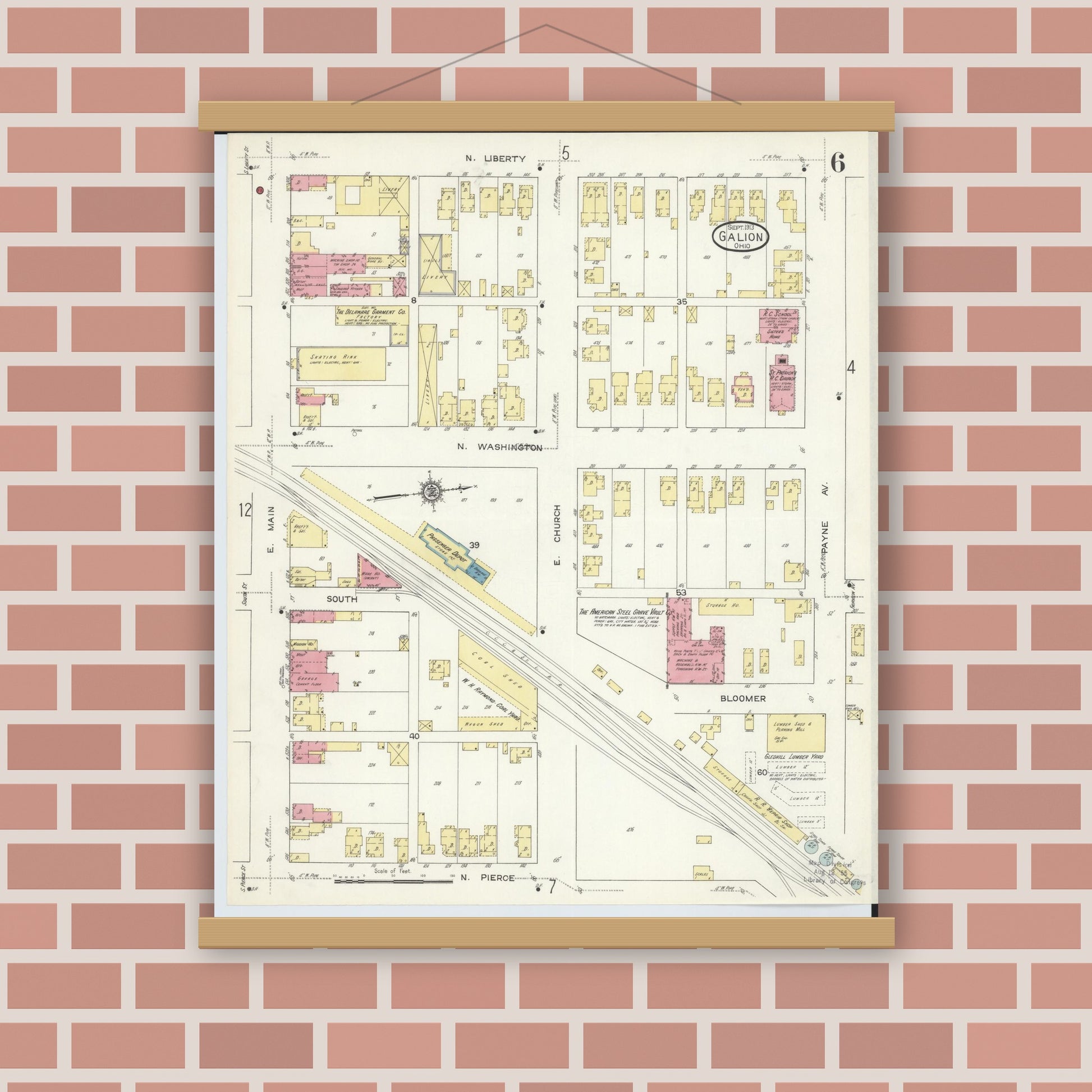 Old map wall art mockup — magnetic wood frame on brick wall — Sanborn Fire Insurance Map from Galion, Crawford County, Ohio (1913), Sheet #0006