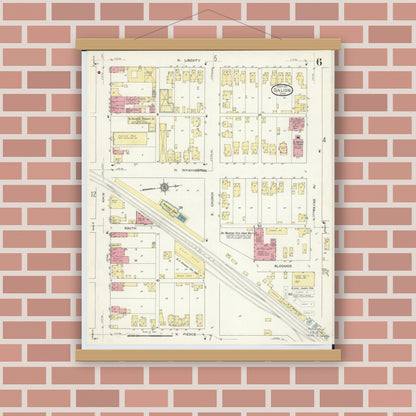 Old map wall art mockup — magnetic wood frame on brick wall — Sanborn Fire Insurance Map from Galion, Crawford County, Ohio (1913), Sheet #0006