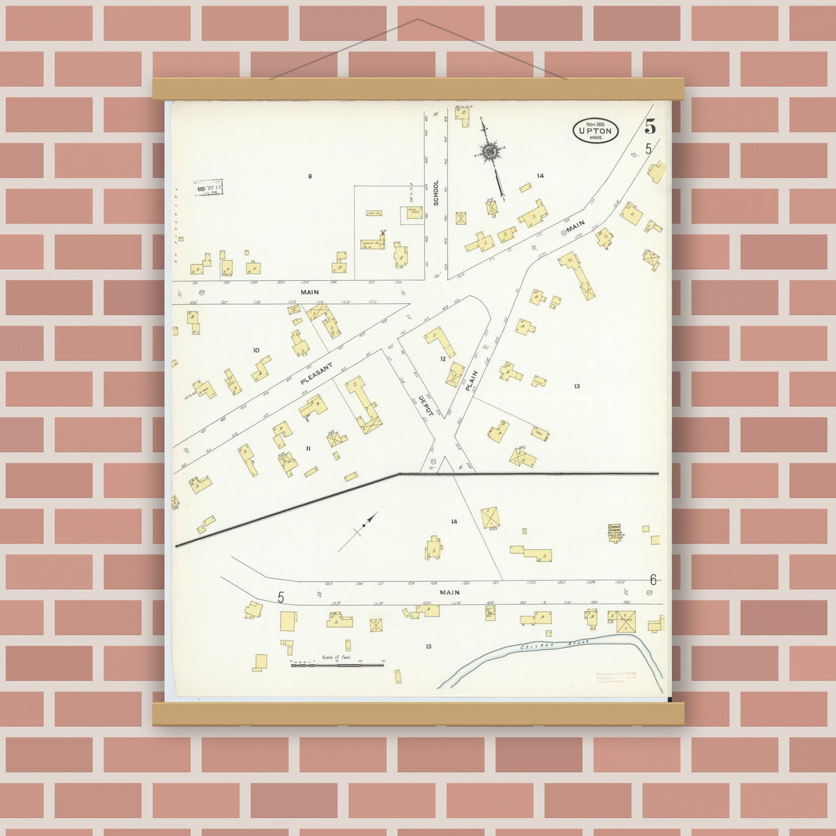 Old map wall art mockup — magnetic wood frame on brick wall — Sanborn Fire Insurance Map from Upton, Worcester County, Massachusetts (1910), Sheet #0005