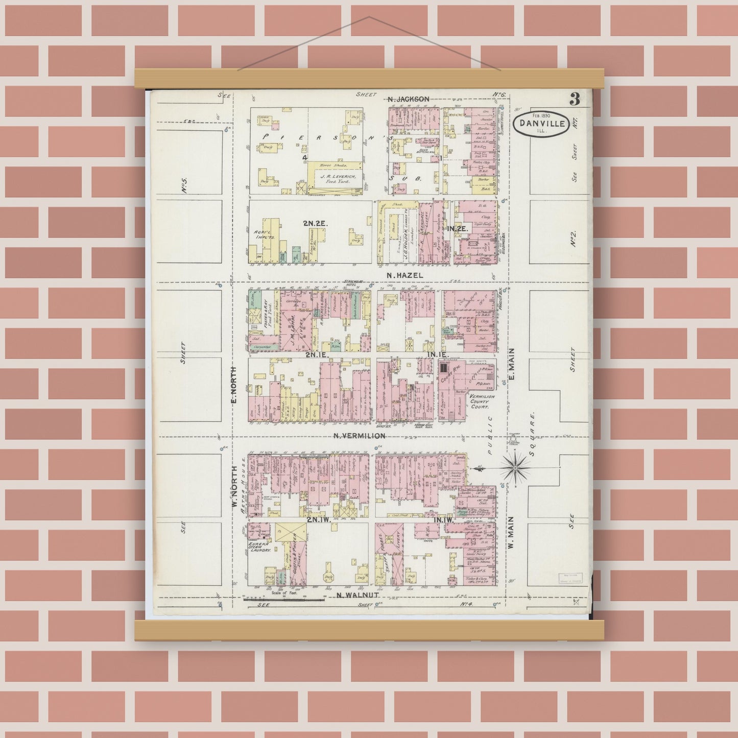 Old map wall art mockup — magnetic wood frame on brick wall — Sanborn Fire Insurance Map from Danville, Vermilion County, Illinois (1890), Sheet #0003