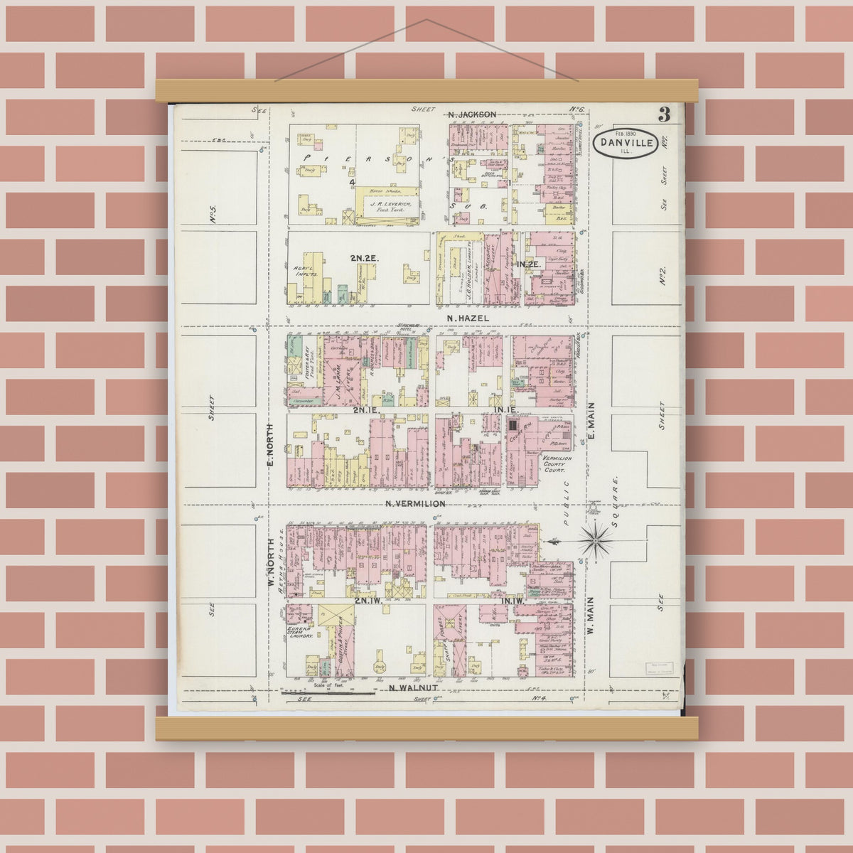 Old map wall art mockup — magnetic wood frame on brick wall — Sanborn Fire Insurance Map from Danville, Vermilion County, Illinois (1890), Sheet #0003