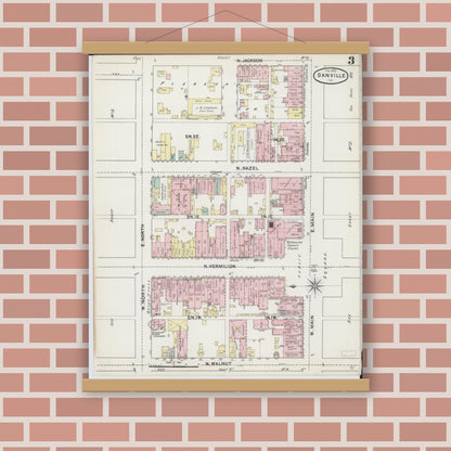Old map wall art mockup — magnetic wood frame on brick wall — Sanborn Fire Insurance Map from Danville, Vermilion County, Illinois (1890), Sheet #0003