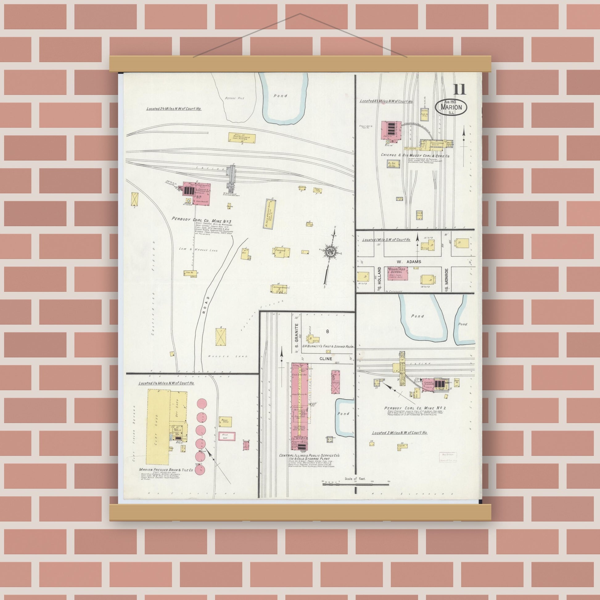 Old map wall art mockup — magnetic wood frame on brick wall — Sanborn Fire Insurance Map from Marion, Williamson County, Illinois (1913), Sheet #0011