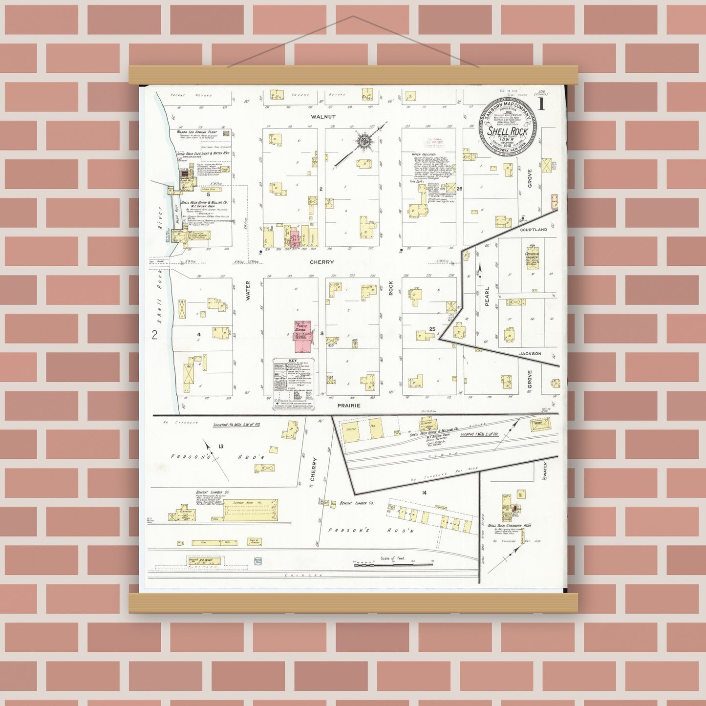 Old map wall art mockup — magnetic wood frame on brick wall — Sanborn Fire Insurance Map from Shell Rock, Butler County, Iowa (1910), Sheet #0001