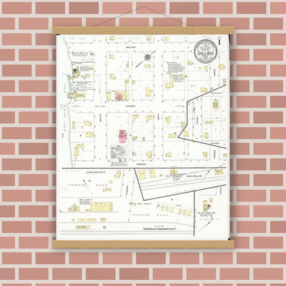 Old map wall art mockup — magnetic wood frame on brick wall — Sanborn Fire Insurance Map from Shell Rock, Butler County, Iowa (1910), Sheet #0001