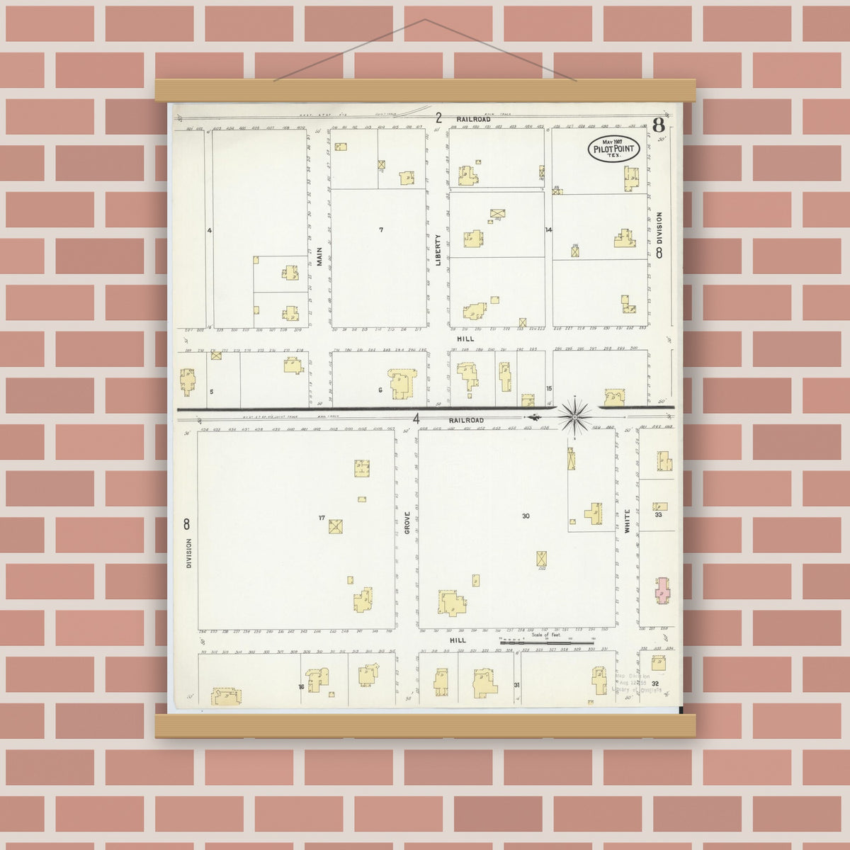 Old map wall art mockup — magnetic wood frame on brick wall — Sanborn Fire Insurance Map from Pilot Point, Denton County, Texas (1907), Sheet #0008