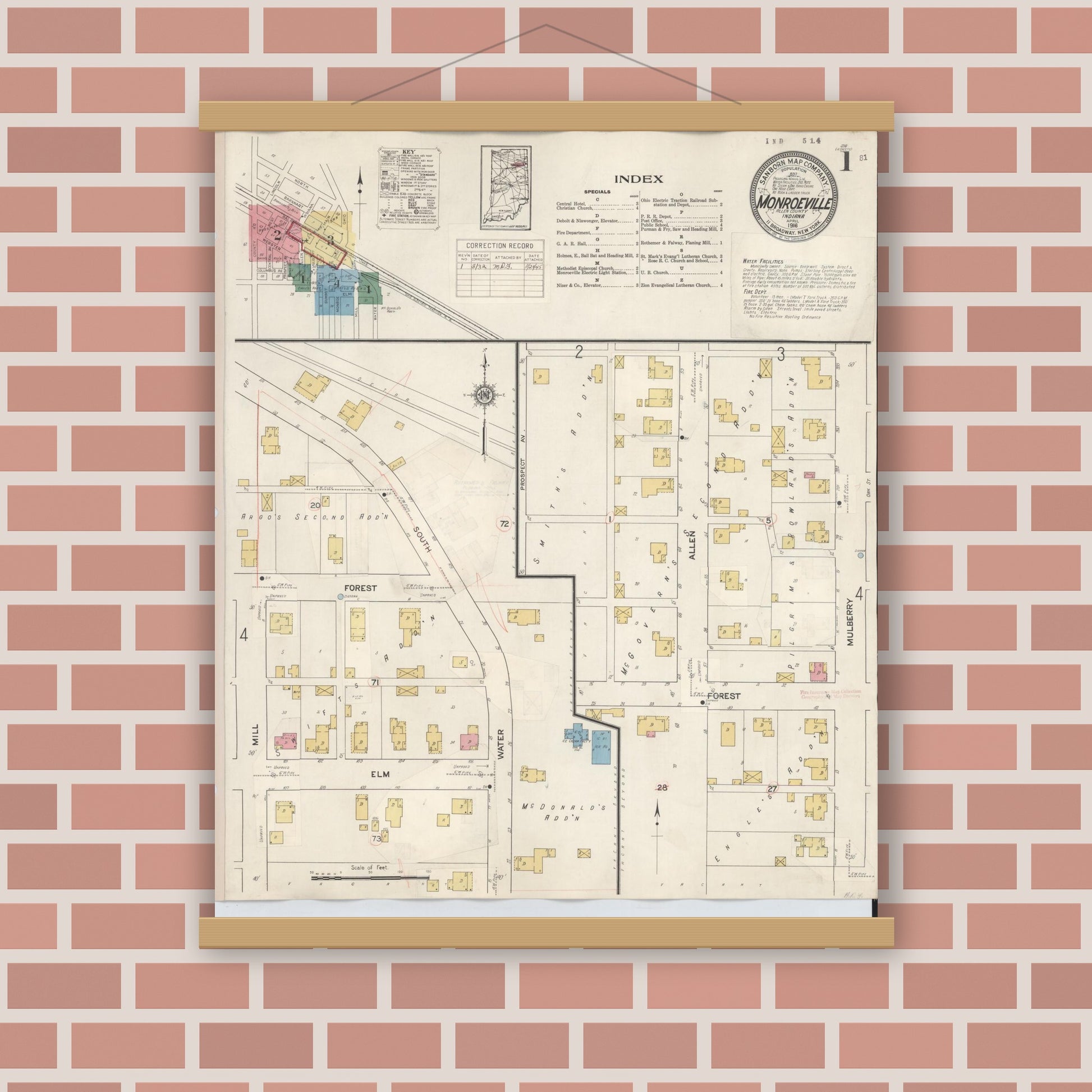 Old map wall art mockup — magnetic wood frame on brick wall — Sanborn Fire Insurance Map from Monroeville, Allen County, Indiana (1932) - Complete Map Set