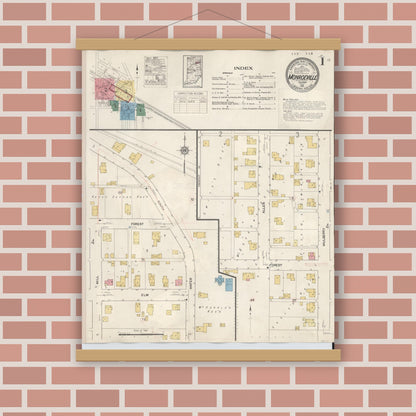 Old map wall art mockup — magnetic wood frame on brick wall — Sanborn Fire Insurance Map from Monroeville, Allen County, Indiana (1932) - Complete Map Set