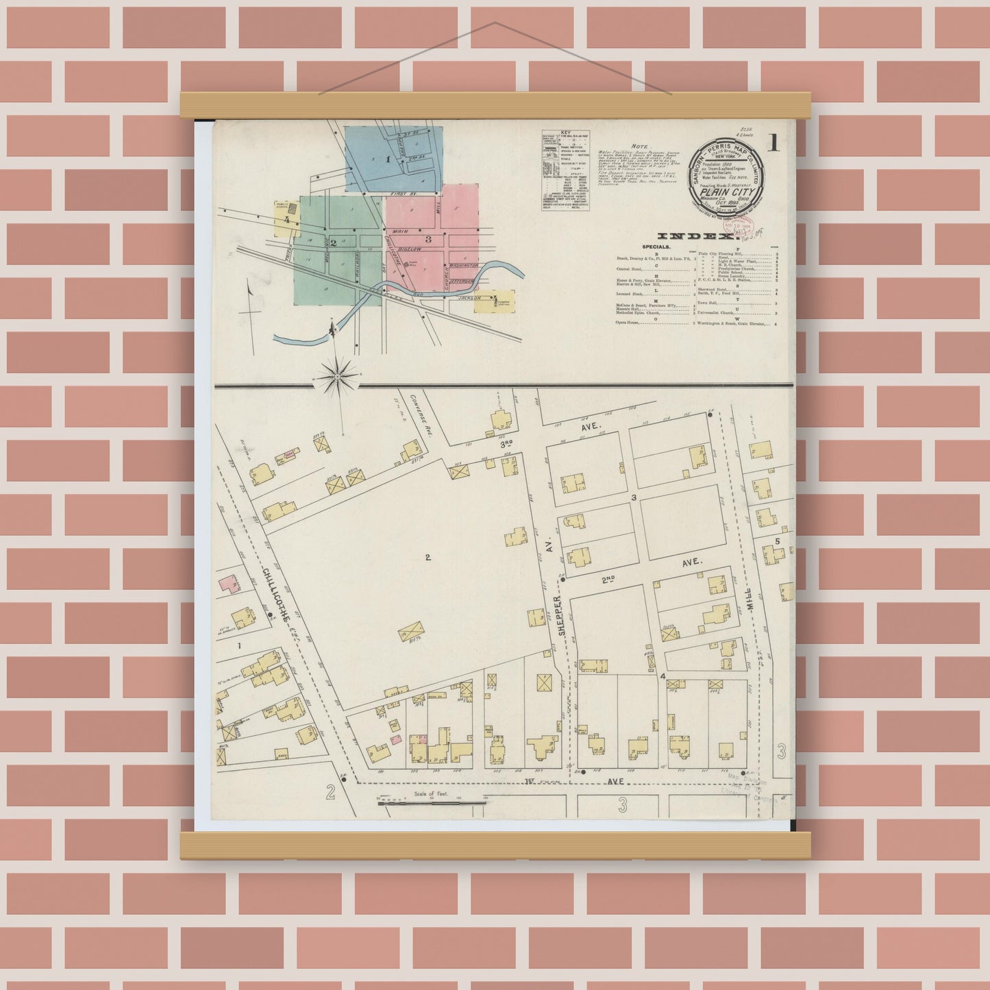 Old map wall art mockup — magnetic wood frame on brick wall — Sanborn Fire Insurance Map from Plain City, Madison And Union Counties, Ohio (1895), Sheet #0001