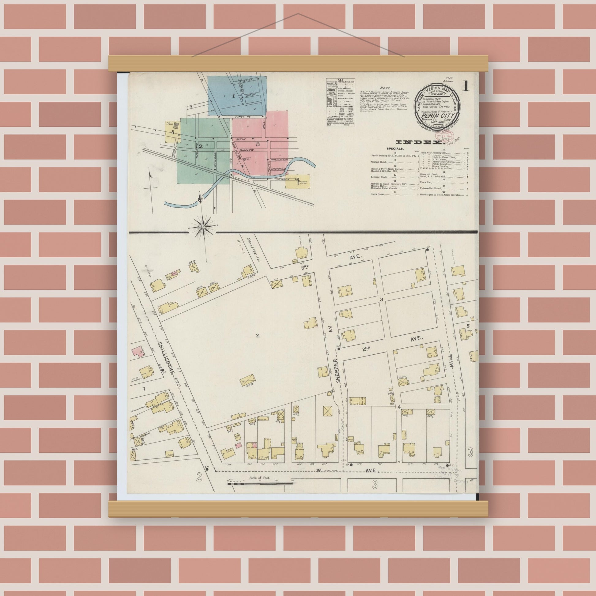 Old map wall art mockup — magnetic wood frame on brick wall — Sanborn Fire Insurance Map from Plain City, Madison And Union Counties, Ohio (1895), Sheet #0001