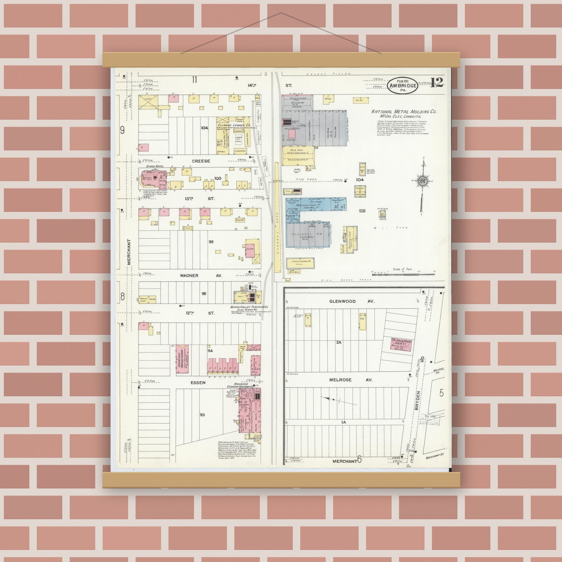 Old map wall art mockup — magnetic wood frame on brick wall — Sanborn Fire Insurance Map from Ambridge, Beaver County, Pennsylvania (1911), Sheet #0012