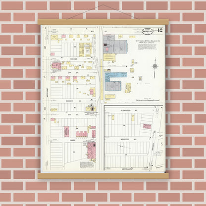 Old map wall art mockup — magnetic wood frame on brick wall — Sanborn Fire Insurance Map from Ambridge, Beaver County, Pennsylvania (1911), Sheet #0012