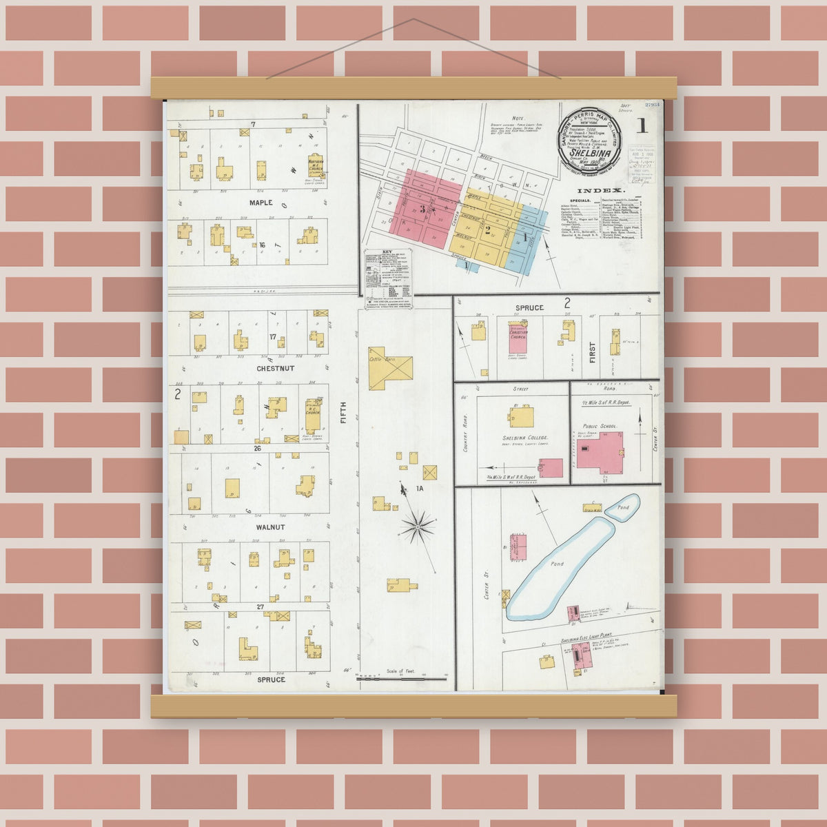 Old map wall art mockup — magnetic wood frame on brick wall — Sanborn Fire Insurance Map from Shelbina, Shelby County, Missouri (1900), Sheet #0001