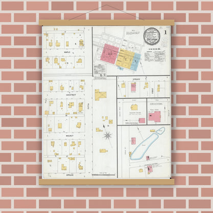 Old map wall art mockup — magnetic wood frame on brick wall — Sanborn Fire Insurance Map from Shelbina, Shelby County, Missouri (1900), Sheet #0001