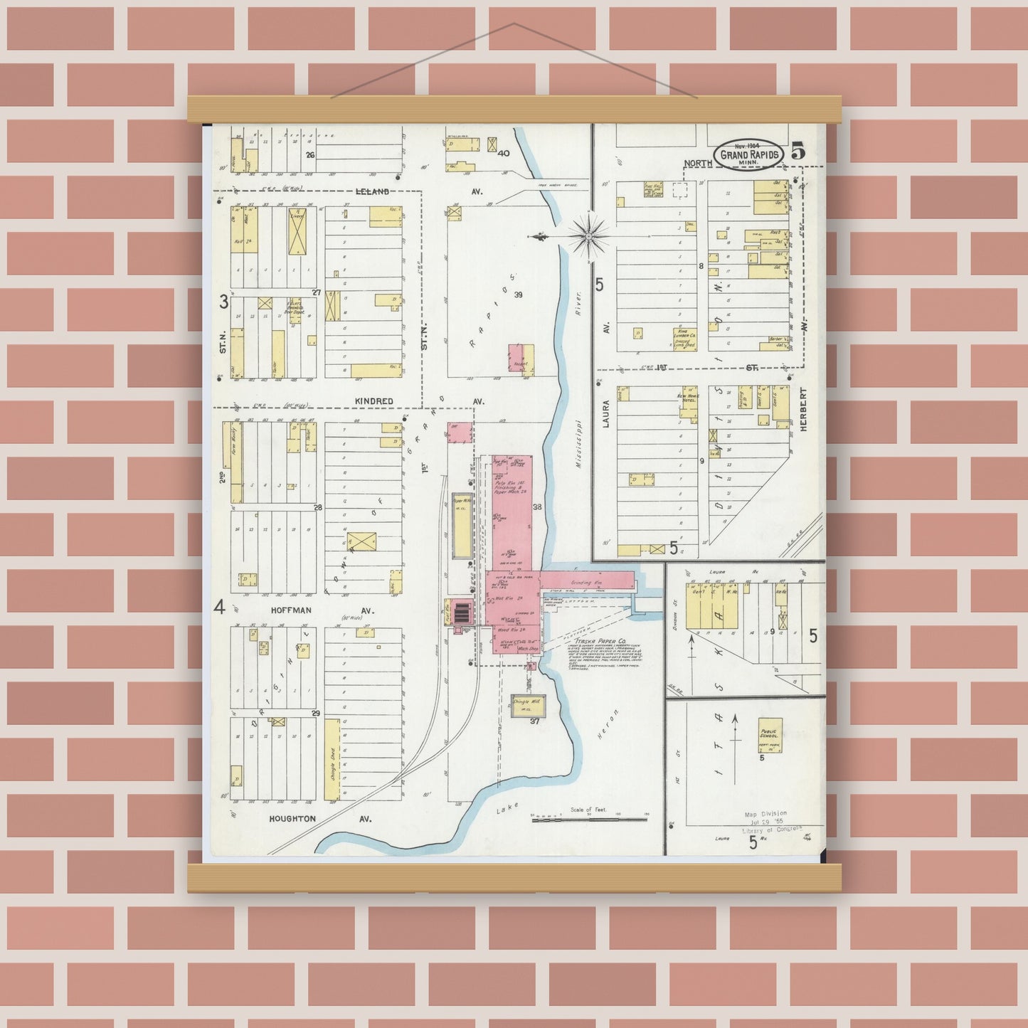 Old map wall art mockup — magnetic wood frame on brick wall — Sanborn Fire Insurance Map from Grand Rapids, Itasca County, Minnesota (1904), Sheet #0005