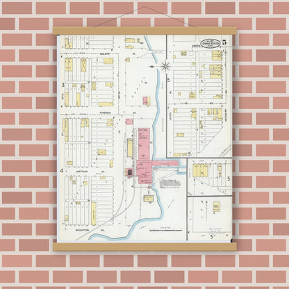 Old map wall art mockup — magnetic wood frame on brick wall — Sanborn Fire Insurance Map from Grand Rapids, Itasca County, Minnesota (1904), Sheet #0005