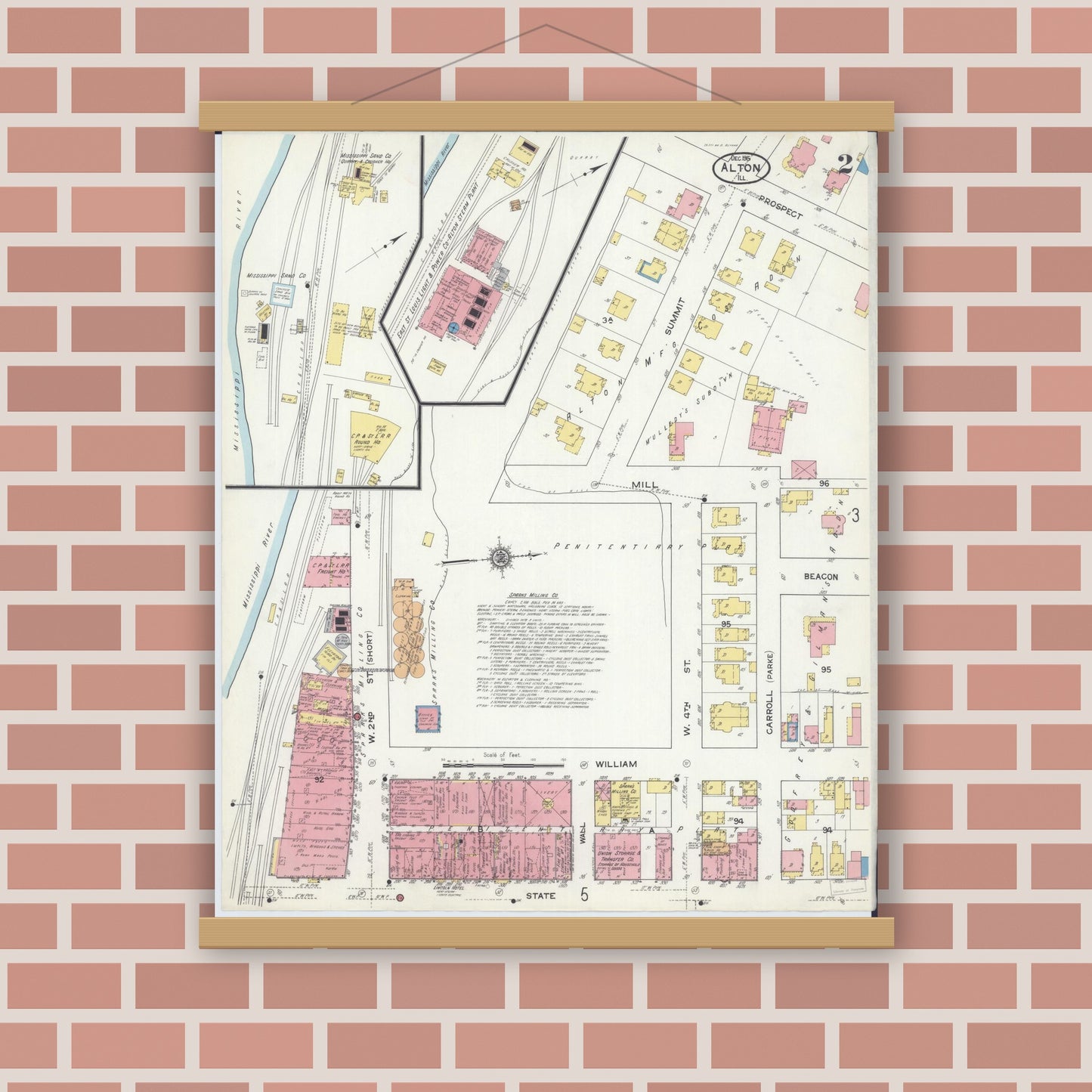 Old map wall art mockup — magnetic wood frame on brick wall — Sanborn Fire Insurance Map from Alton, Madison County, Illinois (1915), Sheet #0002